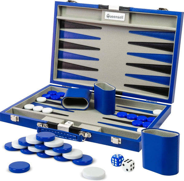 Backgammon Sets for Adults - 15-Inch Blue PU Leather