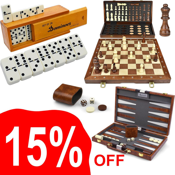 Dominoes Set + Wooden Chess Set + Backgammon Sets for Adults