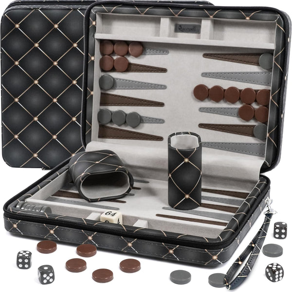 Backgammon Board Set - Magnetic Travel PU Leather Case