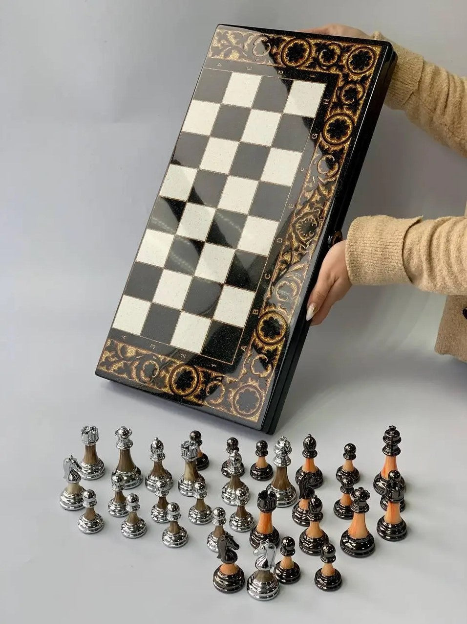 Checkers, Backgammon and Chess, 3 in 1 Sets - Made Of Acrylic Stone VI