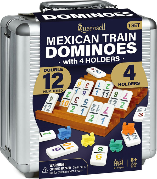 Mexican Train Domino Game Set with Numbers and 4 Domino Holders