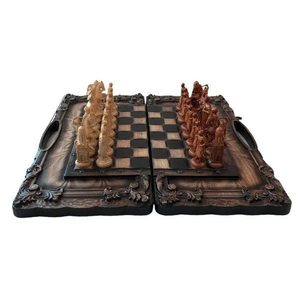 Checkers, Backgammon and Chess, 3 in 1 Sets - Wooden Chess Set With Custom Design, Figures Ukrainian Cossack Army 60×30