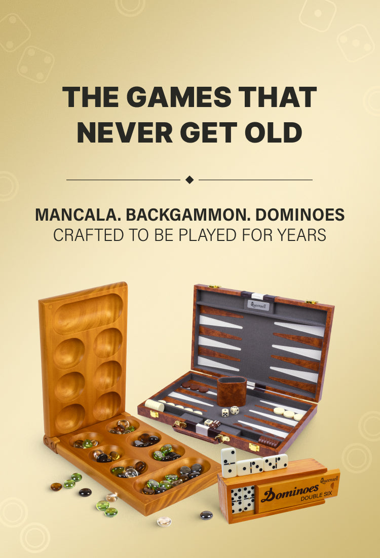 Queensell Board Games, Mexican Train Dominoes, Chess, Backgammon