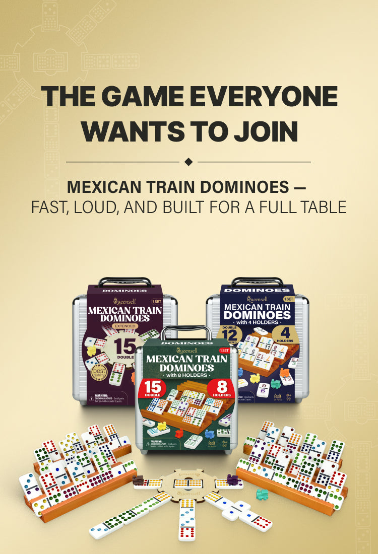 Queensell Board Games, Mexican Train Dominoes, Chess, Backgammon