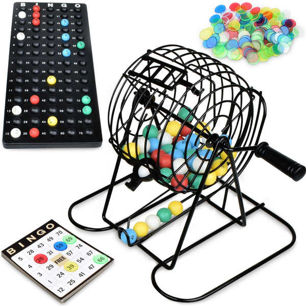 Pack of 10 - Bingo Game for Adults - Bingo Set with 150 Bingo Chips, 75 Calling Balls, 17 Double-Sided Bingo Cards, Metal Cage, and Master Board