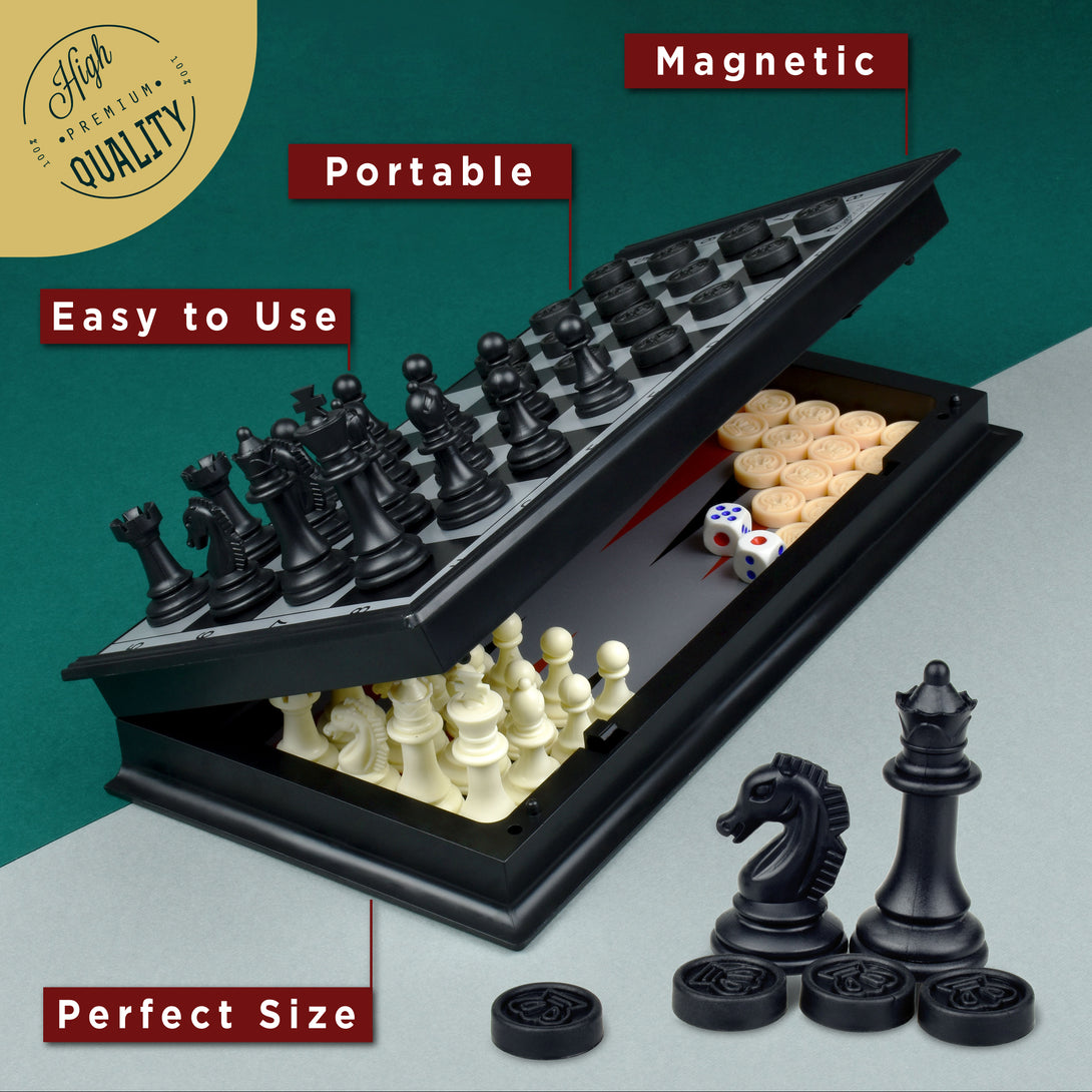 12" Chess Set 3 in 1 – Travel Chess Set – Portable Chess Board