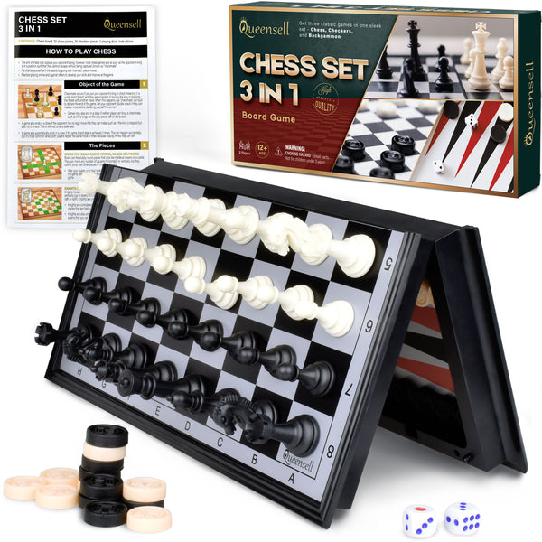 12" Chess Set 3 in 1 – Travel Chess Set – Portable Chess Board