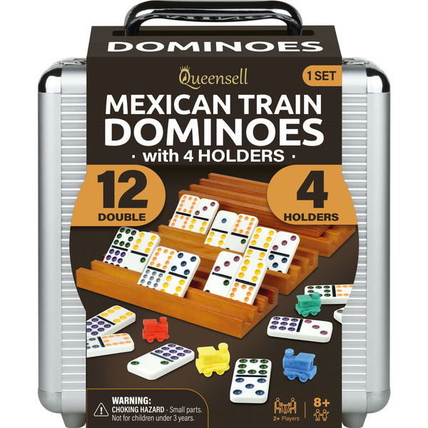 Mexican Train Dominoes Set with 4 Holders - Wooden Hub and Tiles Holders - Double 12 with Dots (D12 + 4 Holders)