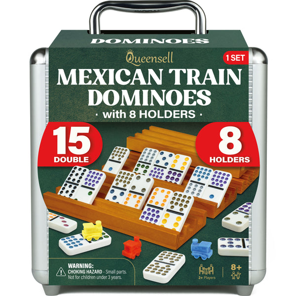 Mexican Train Dominoes Set Double 15 with 8 Holders - Wooden Hub and Tiles Holders - Double 15 with Dots (D15 + 8 Holders)