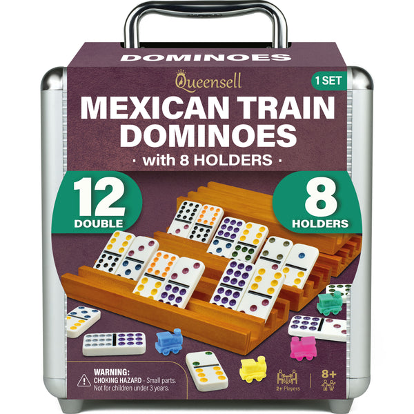 Mexican Train Dominoes Set with 8 Holders - Wooden Hub and Tiles Holders - Double 12 Tiles with Dots (D12 + 8 Holders)