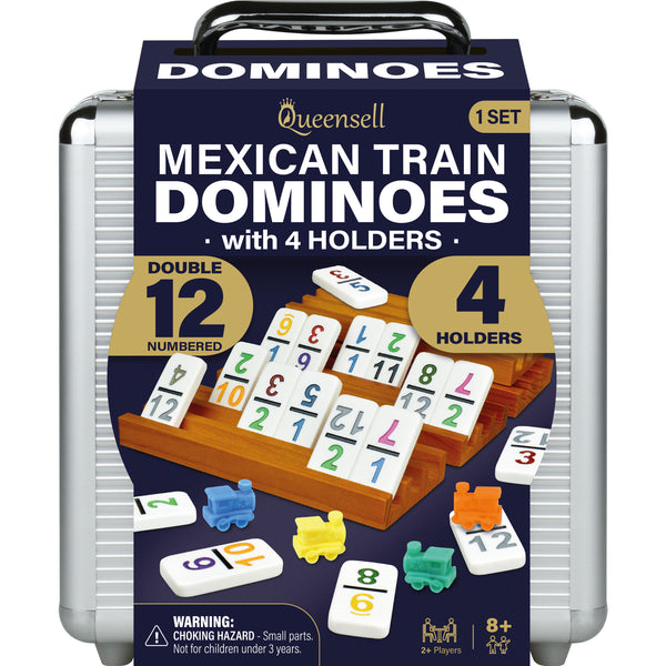 Mexican Train Dominoes Set with Numbers and 4 Holders - Wooden Hub and Tiles Holders - Double 12 with Numbers (D12 Numbers + 4 Holders)