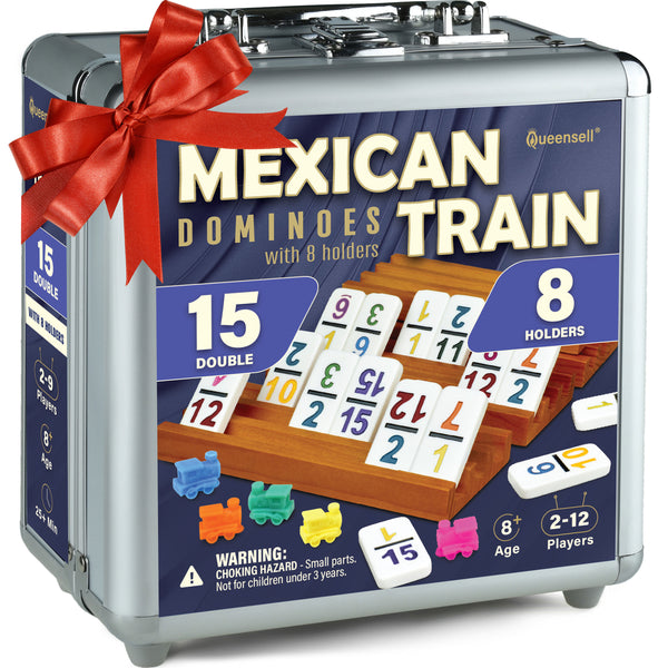 Mexican Train Dominoes Set Double 15 with Numbers - Dominoes Set for Adults and Family – 136 Tiles, 9 Trains, Wooden Hub, 8 Tile Holders, Aluminum Case (D15 Numbers + 8 Holders)