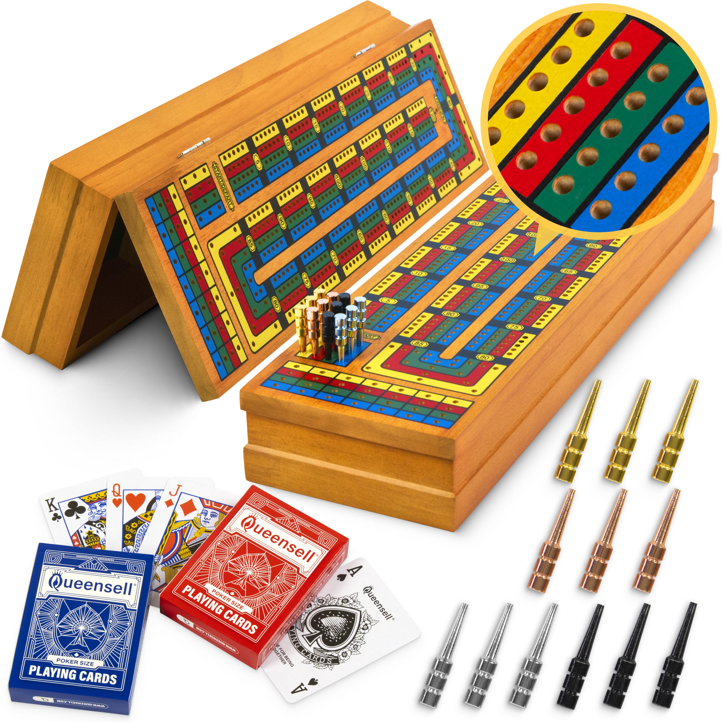 Cribbage Board Game Set with Storage – Wooden 4 Track Cribbage Board